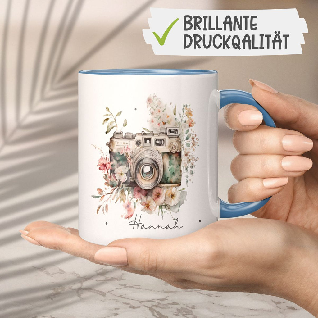 Keramik Tasse Kamera mit Blumen mit Wunschname - von Mikalino