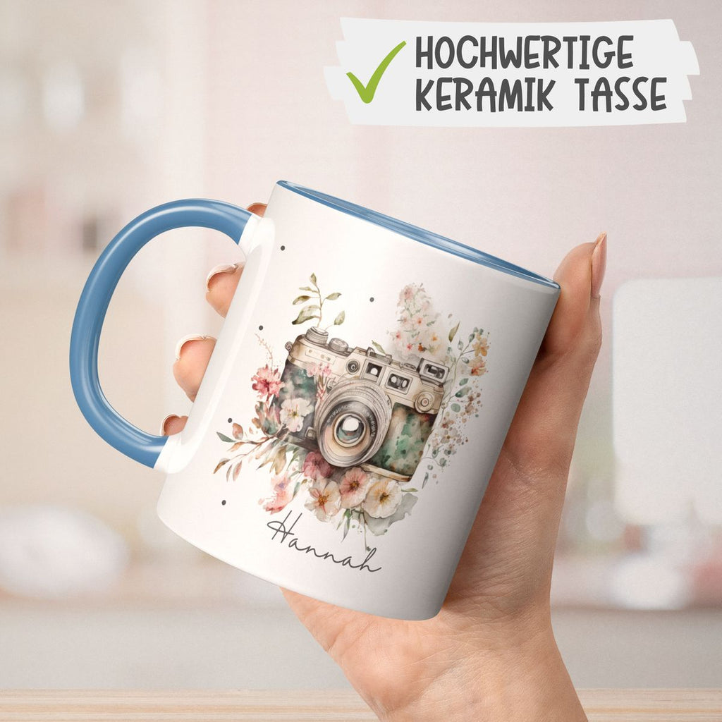 Keramik Tasse Kamera mit Blumen mit Wunschname - von Mikalino