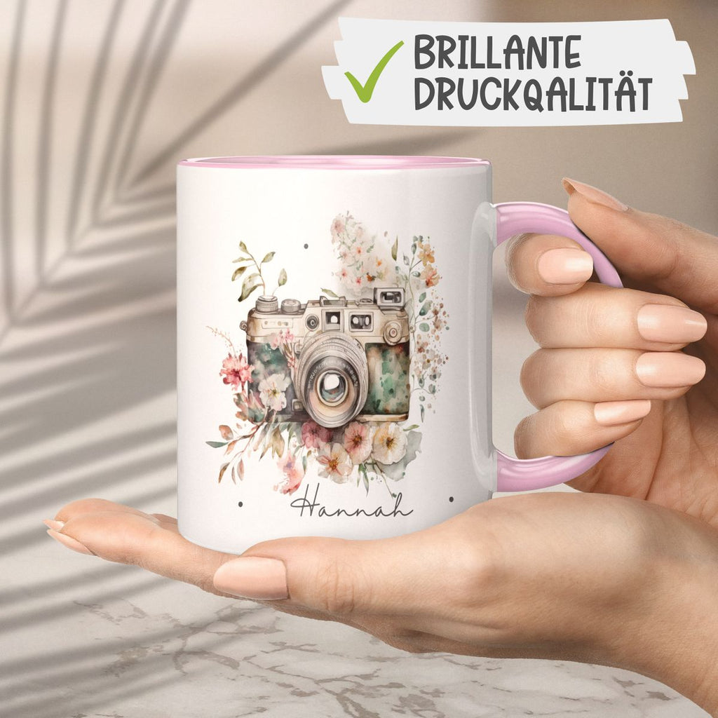 Keramik Tasse Kamera mit Blumen mit Wunschname - von Mikalino