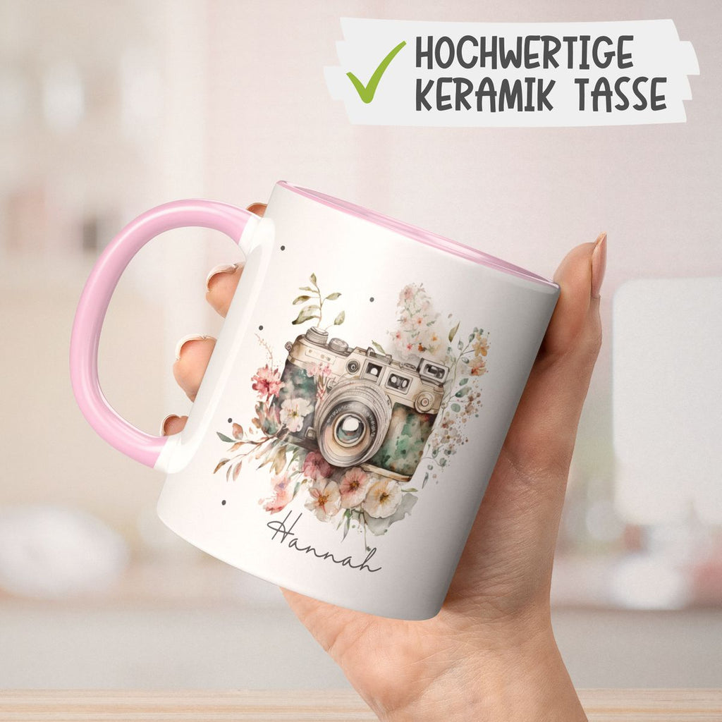 Keramik Tasse Kamera mit Blumen mit Wunschname - von Mikalino