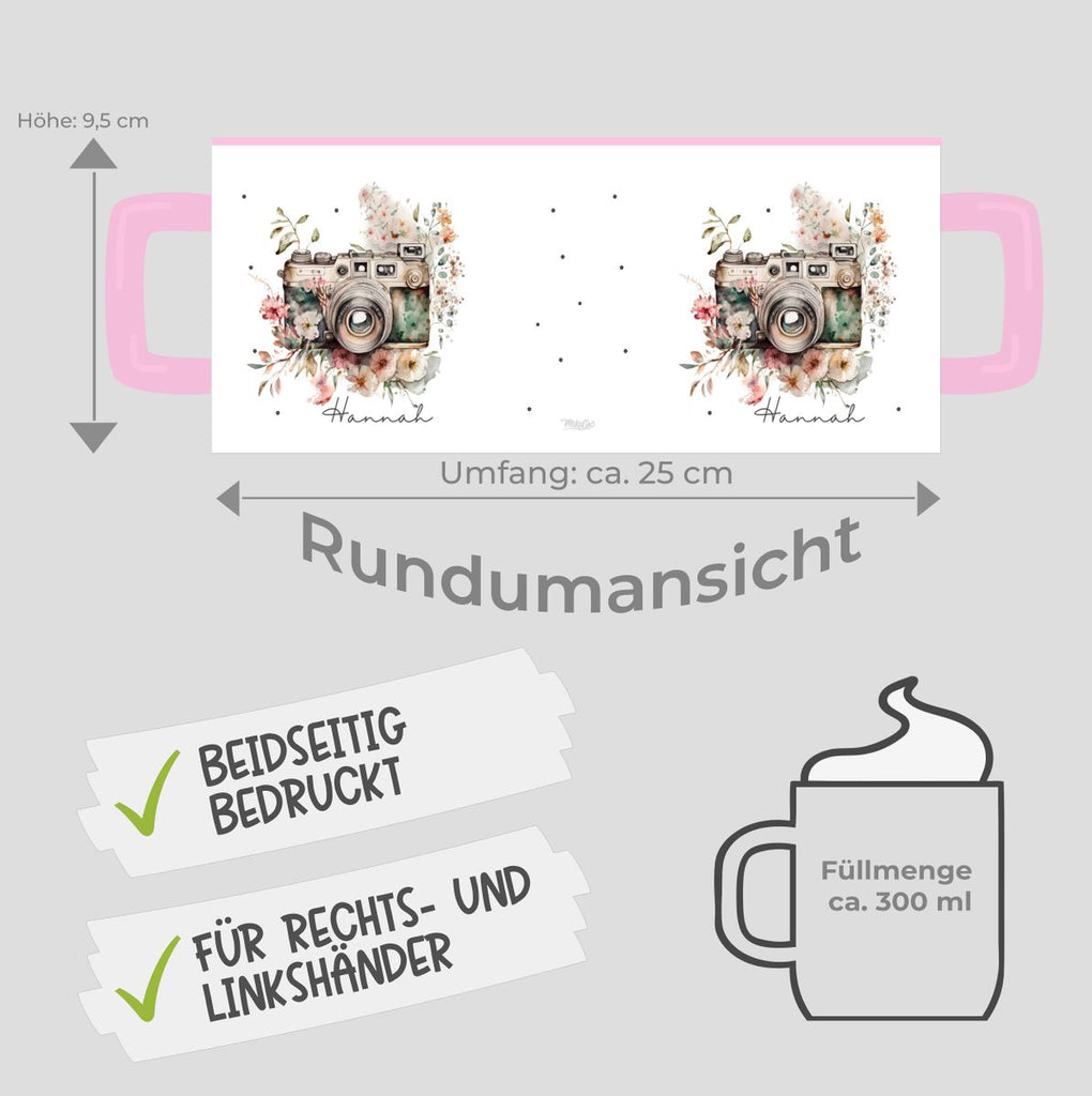 Keramik Tasse Kamera mit Blumen mit Wunschname - von Mikalino