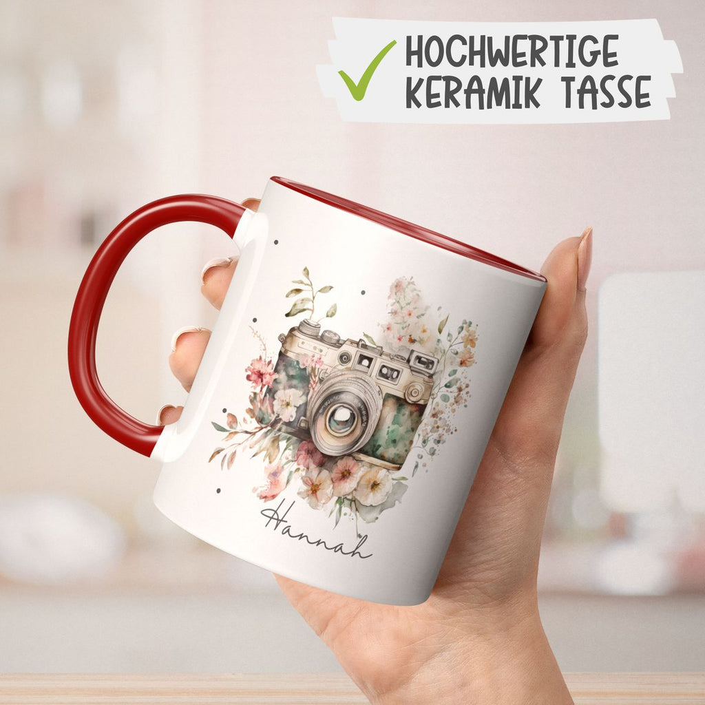 Keramik Tasse Kamera mit Blumen mit Wunschname - von Mikalino