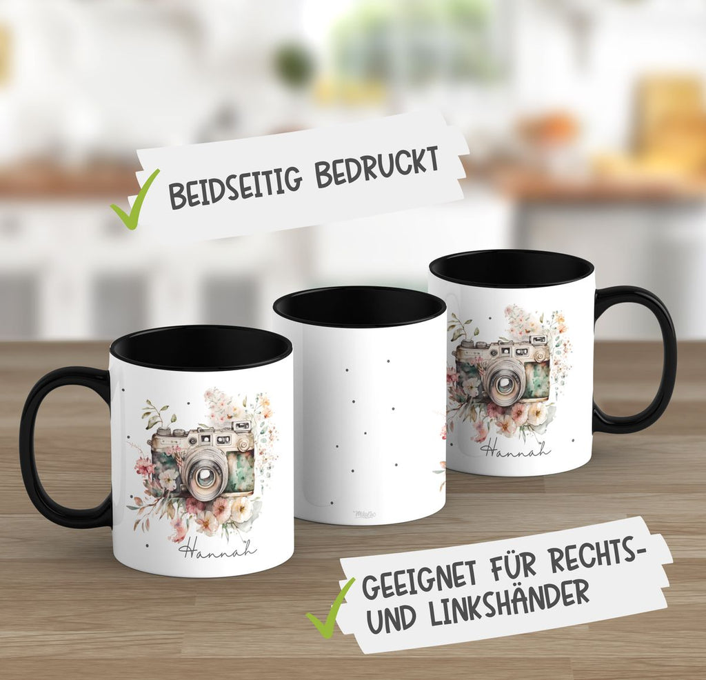 Keramik Tasse Kamera mit Blumen mit Wunschname - von Mikalino