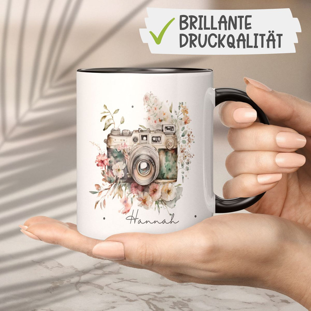 Keramik Tasse Kamera mit Blumen mit Wunschname - von Mikalino