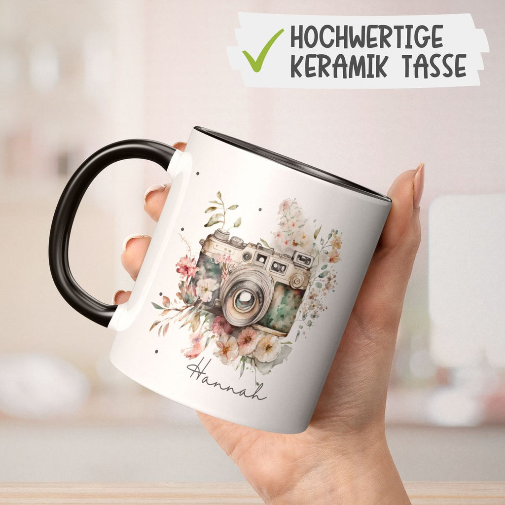 Keramik Tasse Kamera mit Blumen mit Wunschname - von Mikalino