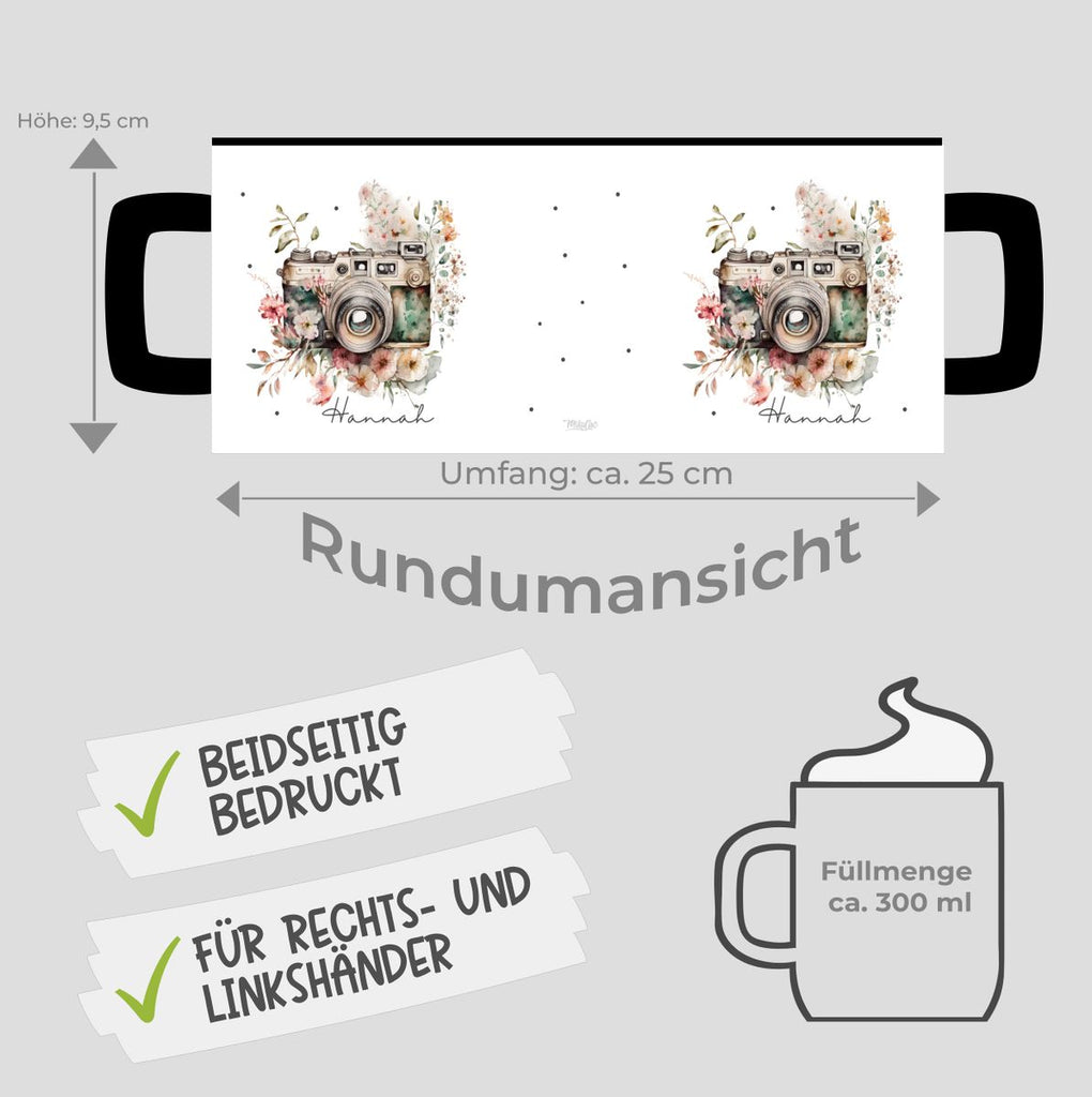 Keramik Tasse Kamera mit Blumen mit Wunschname - von Mikalino