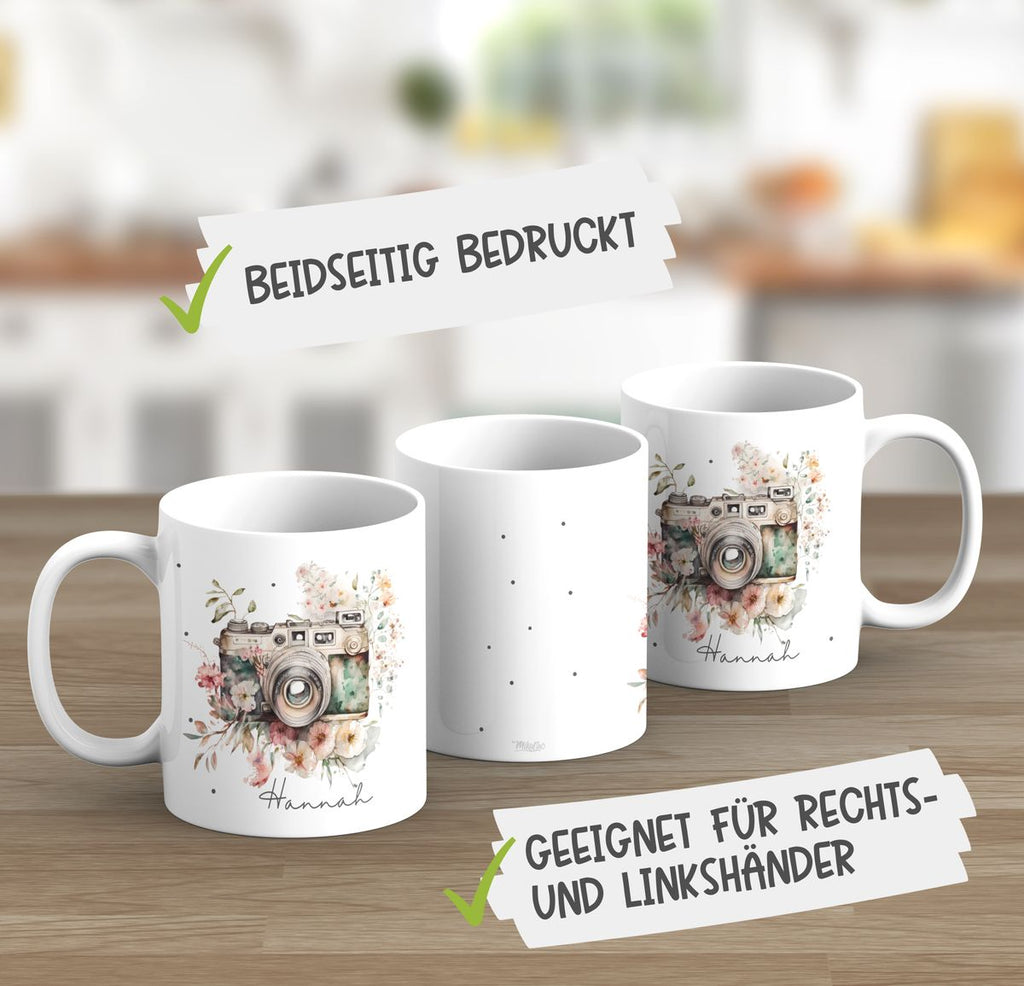 Keramik Tasse Kamera mit Blumen mit Wunschname - von Mikalino