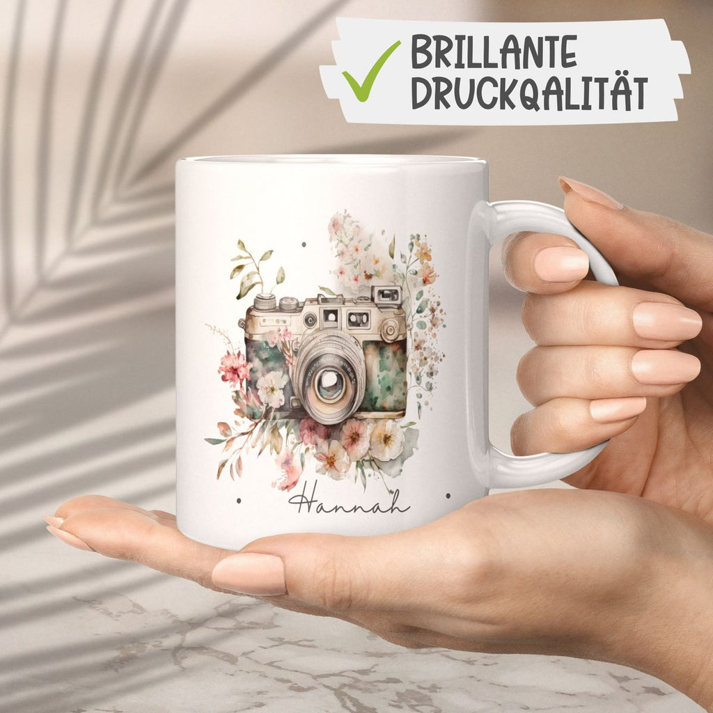 Keramik Tasse Kamera mit Blumen mit Wunschname - von Mikalino