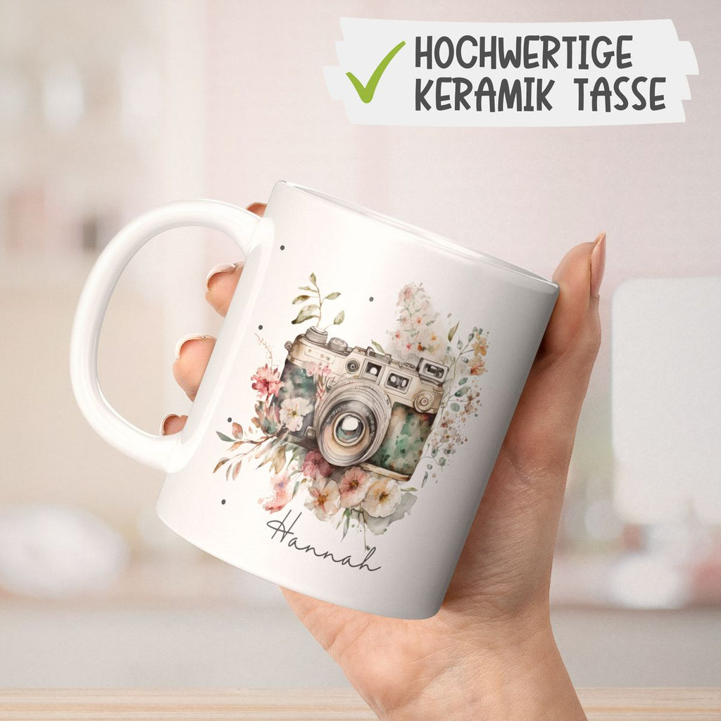 Keramik Tasse Kamera mit Blumen mit Wunschname - von Mikalino