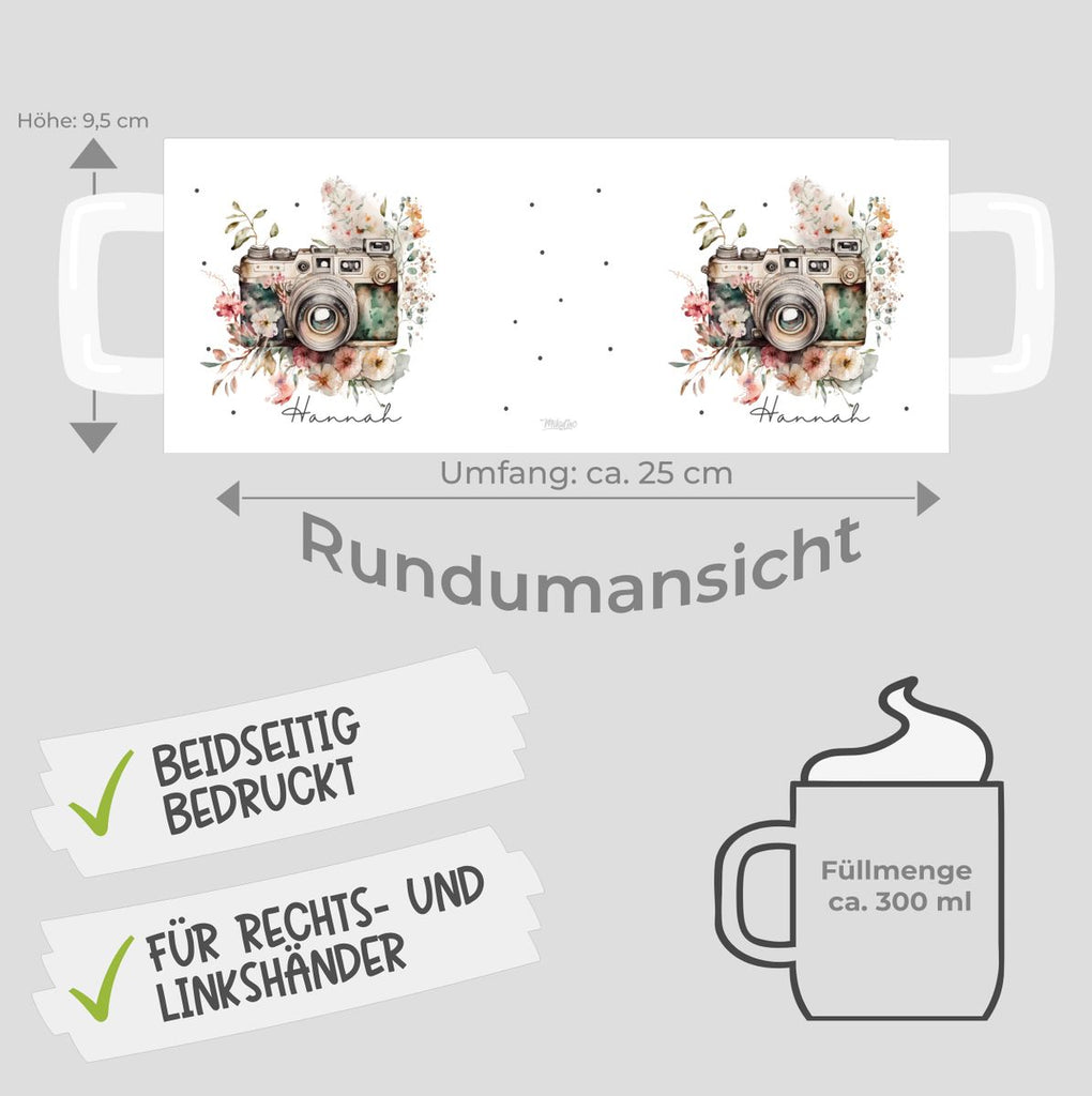 Keramik Tasse Kamera mit Blumen mit Wunschname - von Mikalino