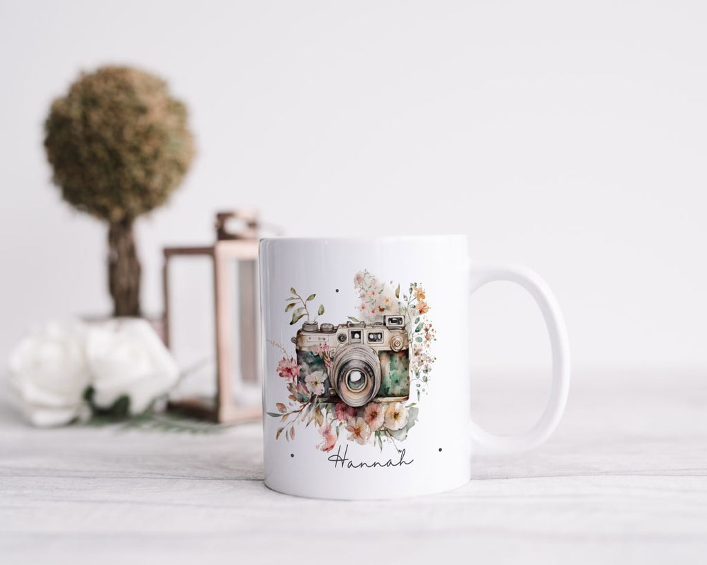 Keramik Tasse Kamera mit Blumen mit Wunschname - von Mikalino