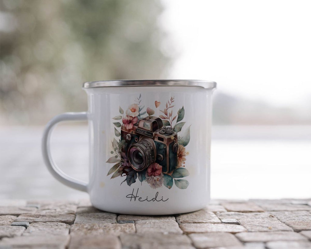 Emaille Tasse Kamera mit Blumen mit Wunschname - von Mikalino