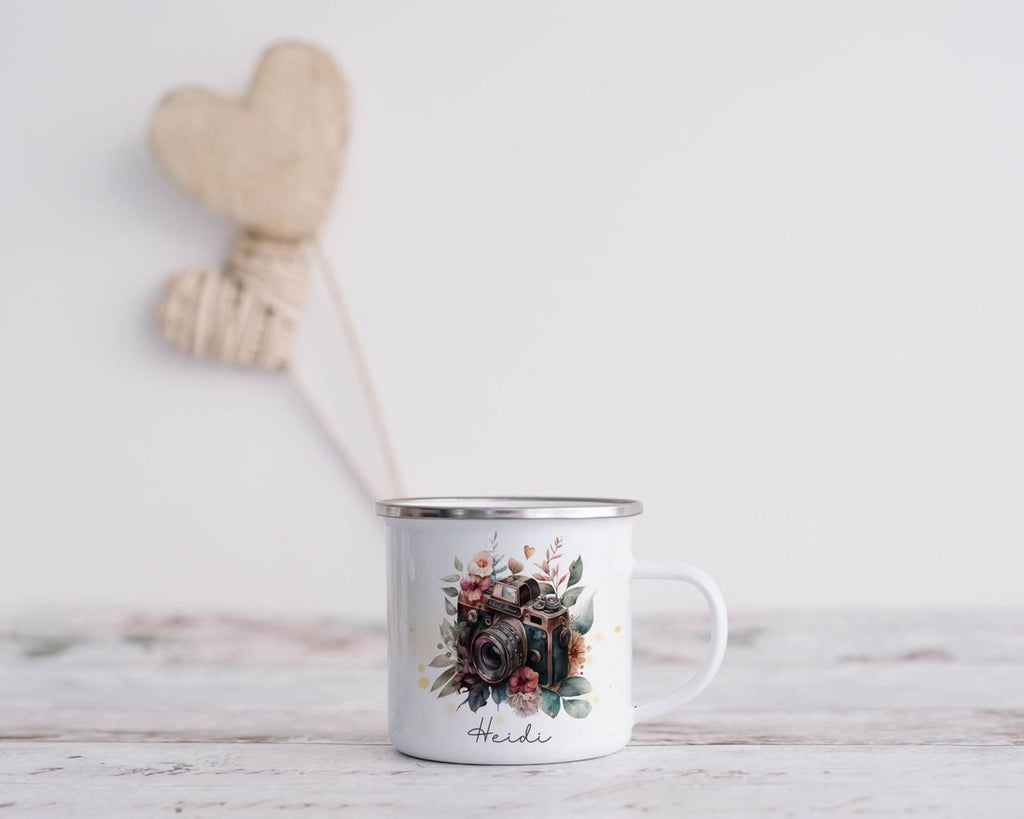 Emaille Tasse Kamera mit Blumen mit Wunschname - von Mikalino