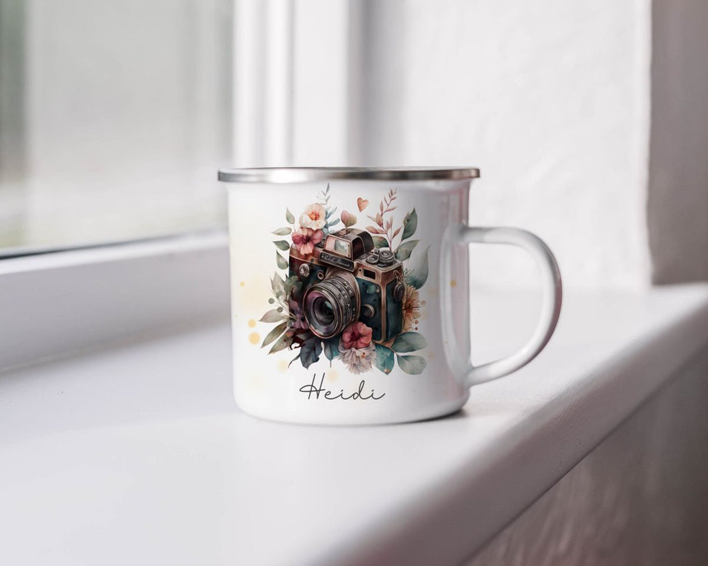 Emaille Tasse Kamera mit Blumen mit Wunschname - von Mikalino