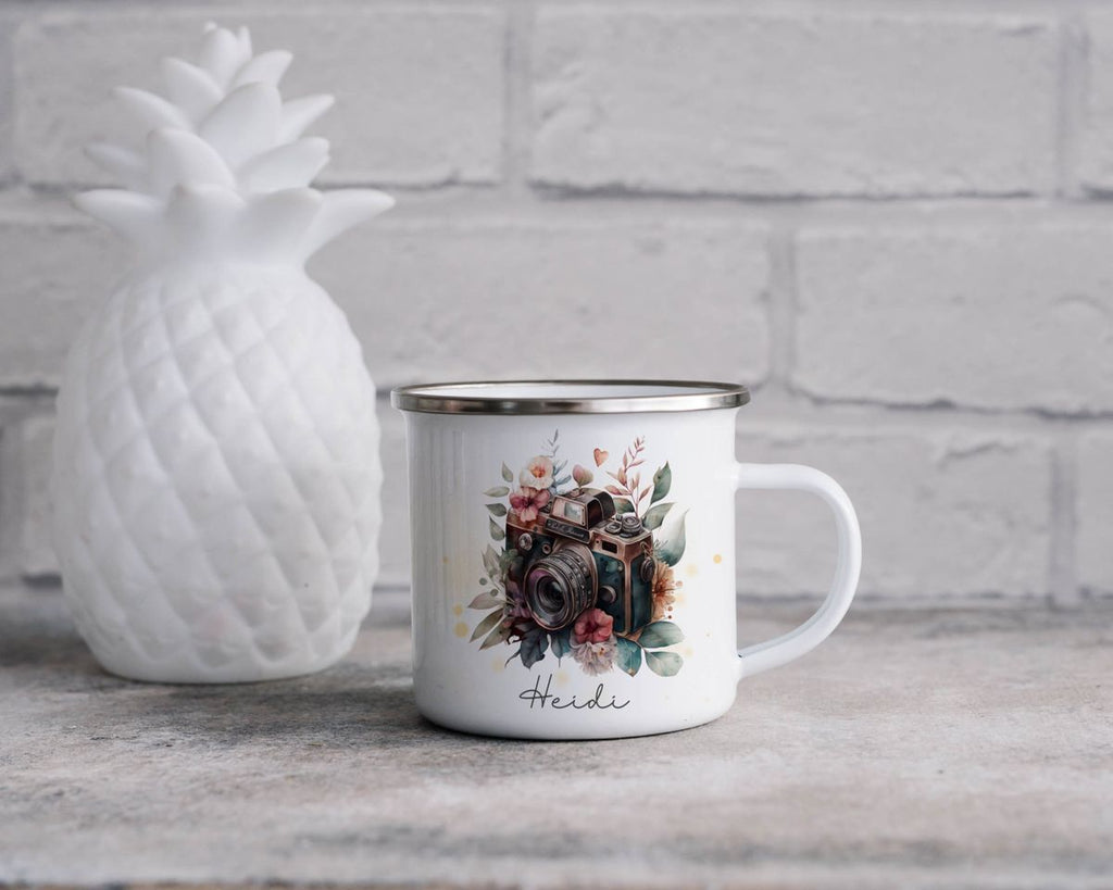 Emaille Tasse Kamera mit Blumen mit Wunschname - von Mikalino