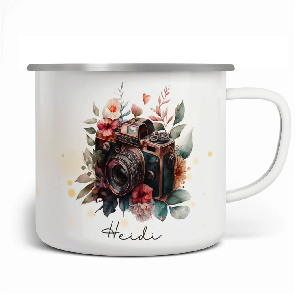 Emaille Tasse Kamera mit Blumen mit Wunschname - von Mikalino