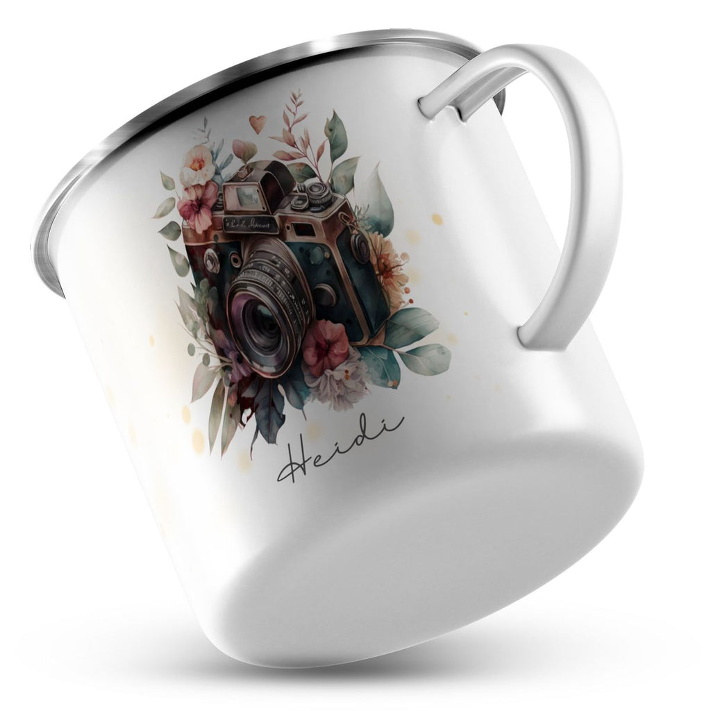 Emaille Tasse Kamera mit Blumen mit Wunschname - von Mikalino