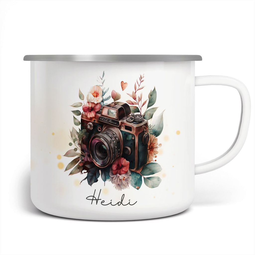 Emaille Tasse Kamera mit Blumen mit Wunschname - von Mikalino