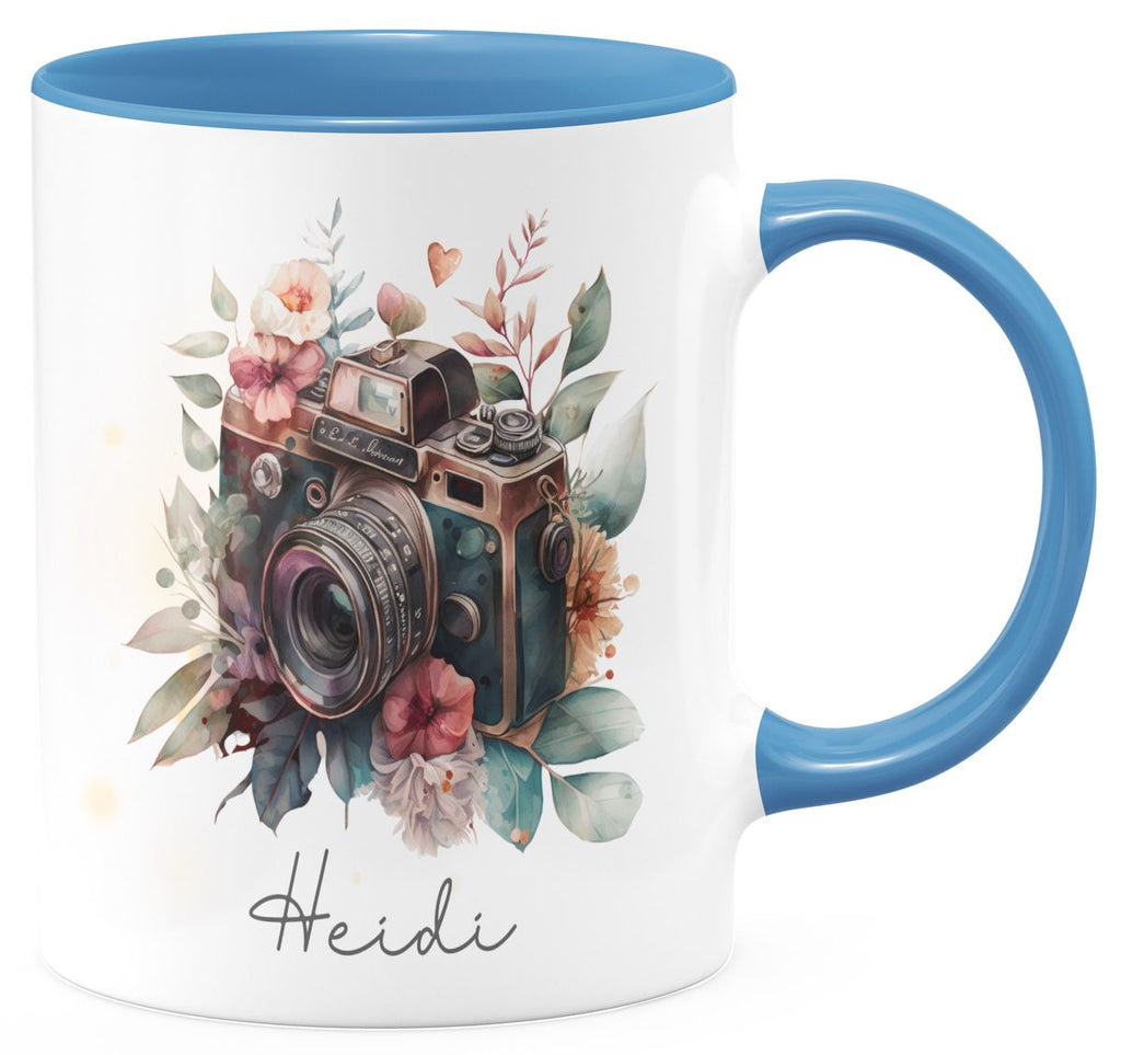 Keramik Tasse Kamera mit Blumen mit Wunschname - von Mikalino