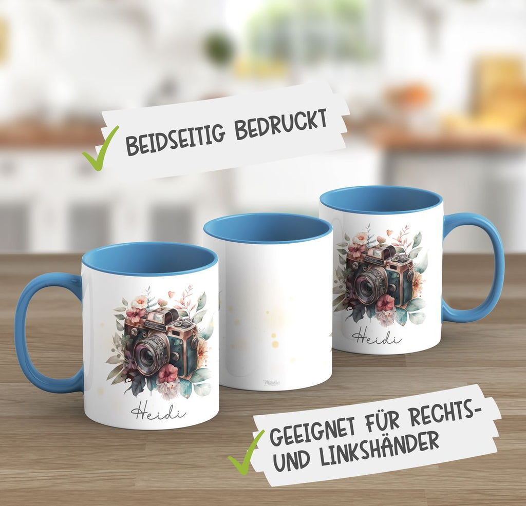 Keramik Tasse Kamera mit Blumen mit Wunschname - von Mikalino