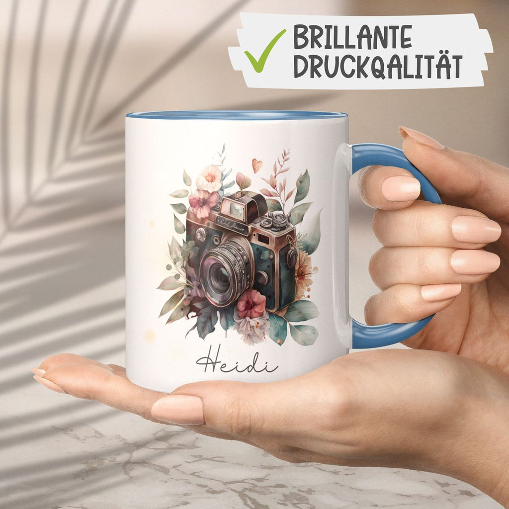 Keramik Tasse Kamera mit Blumen mit Wunschname - von Mikalino