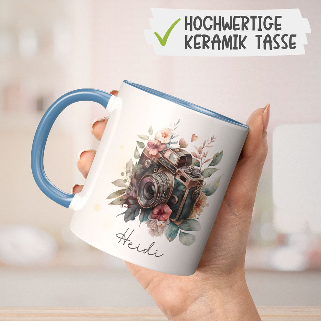 Keramik Tasse Kamera mit Blumen mit Wunschname - von Mikalino