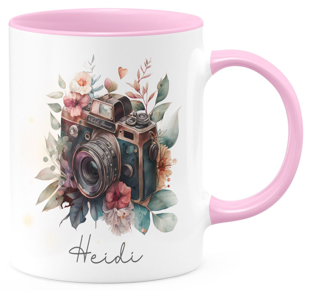 Keramik Tasse Kamera mit Blumen mit Wunschname - von Mikalino