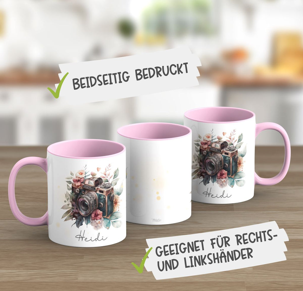 Keramik Tasse Kamera mit Blumen mit Wunschname - von Mikalino