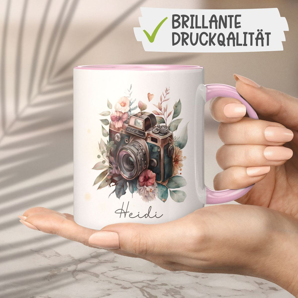 Keramik Tasse Kamera mit Blumen mit Wunschname - von Mikalino