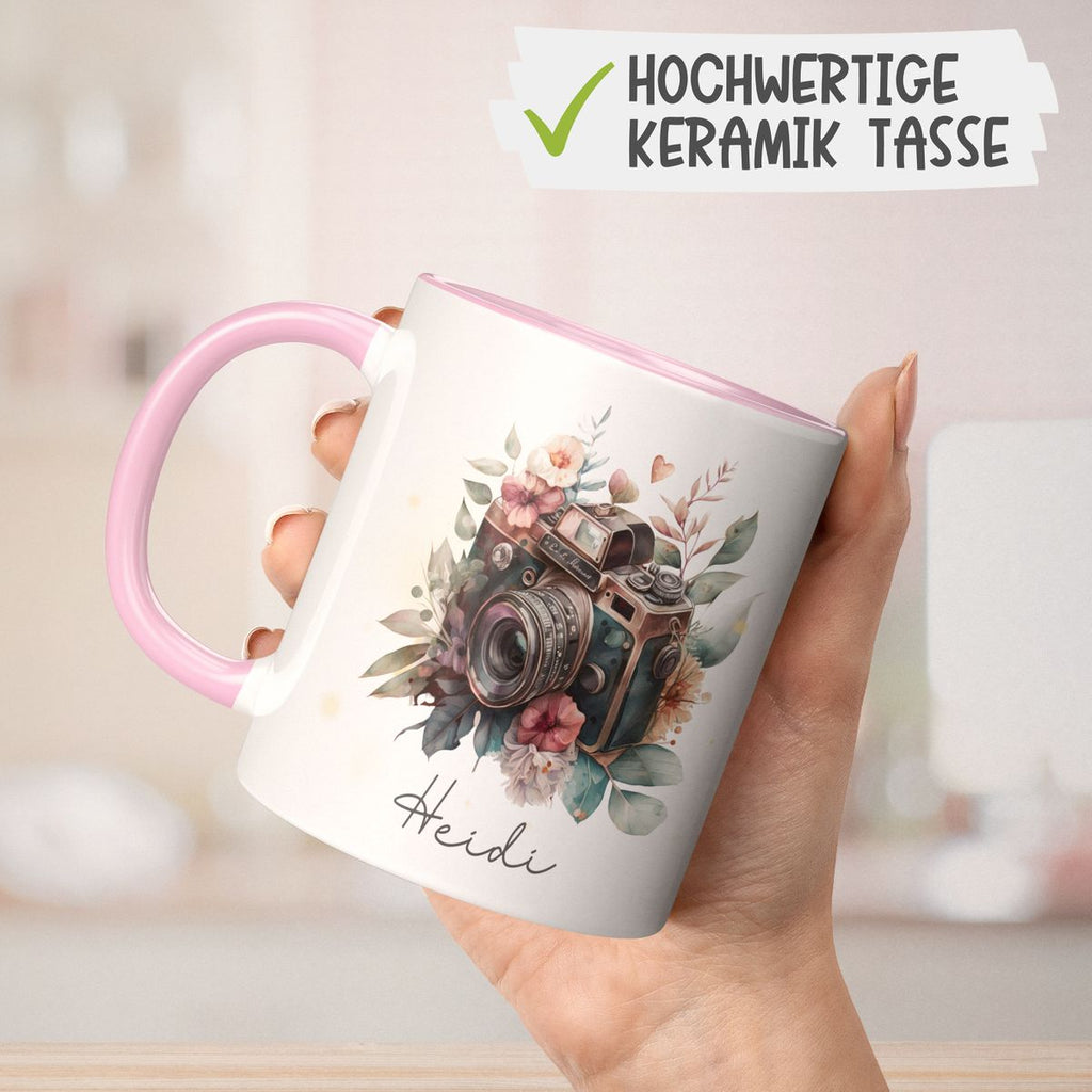 Keramik Tasse Kamera mit Blumen mit Wunschname - von Mikalino