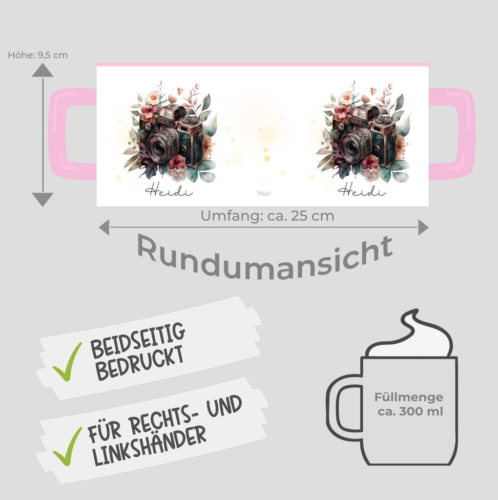 Keramik Tasse Kamera mit Blumen mit Wunschname - von Mikalino