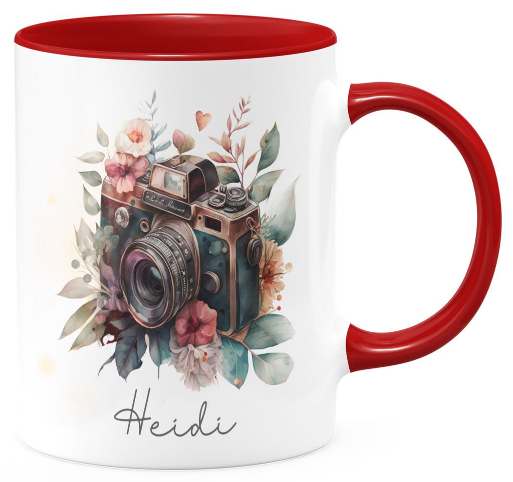 Keramik Tasse Kamera mit Blumen mit Wunschname - von Mikalino