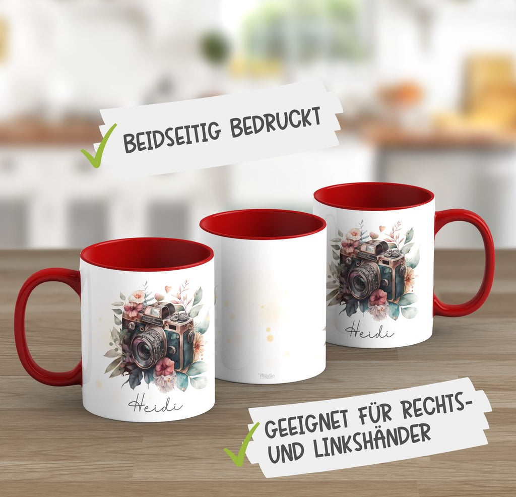 Keramik Tasse Kamera mit Blumen mit Wunschname - von Mikalino