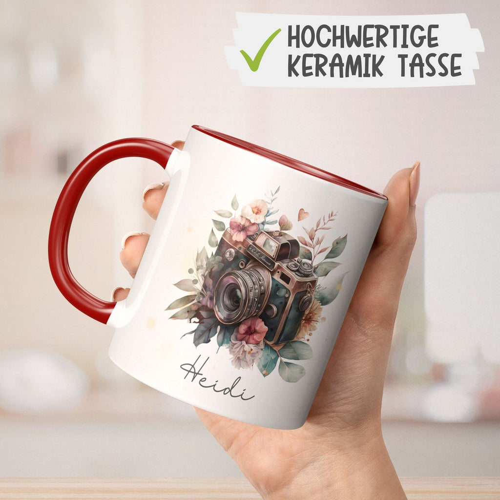 Keramik Tasse Kamera mit Blumen mit Wunschname - von Mikalino