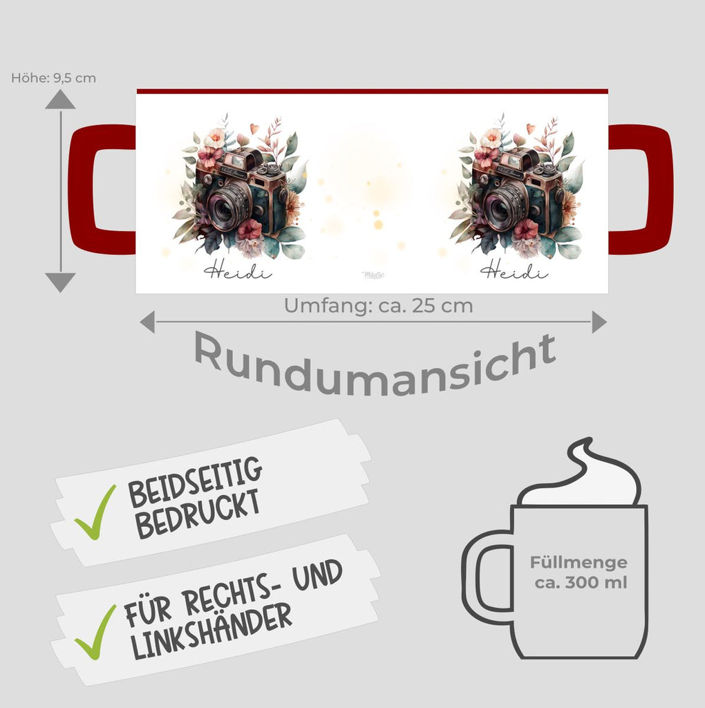 Keramik Tasse Kamera mit Blumen mit Wunschname - von Mikalino