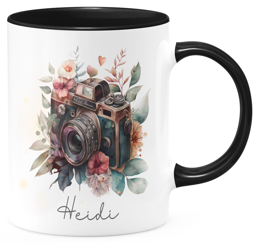 Keramik Tasse Kamera mit Blumen mit Wunschname - von Mikalino