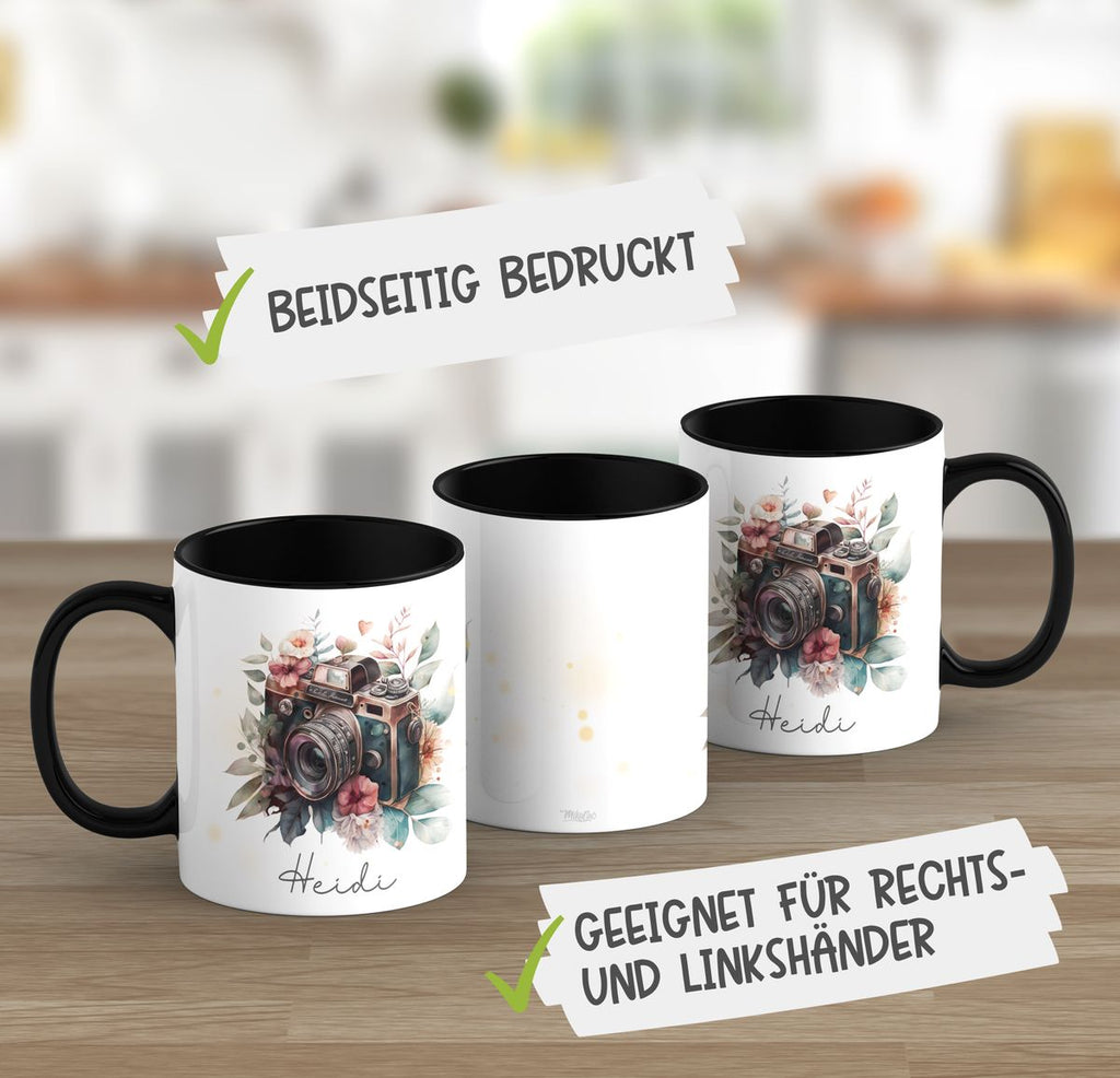 Keramik Tasse Kamera mit Blumen mit Wunschname - von Mikalino