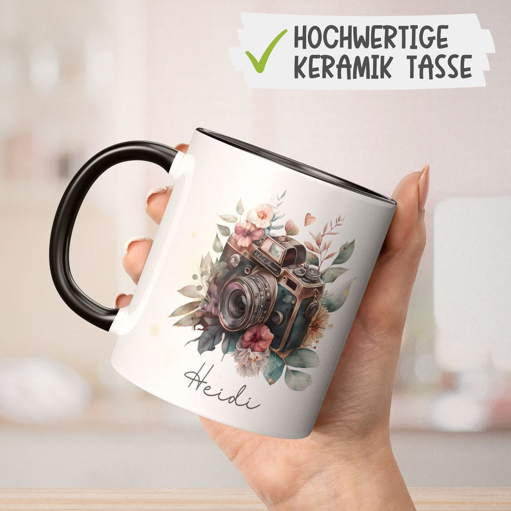 Keramik Tasse Kamera mit Blumen mit Wunschname - von Mikalino