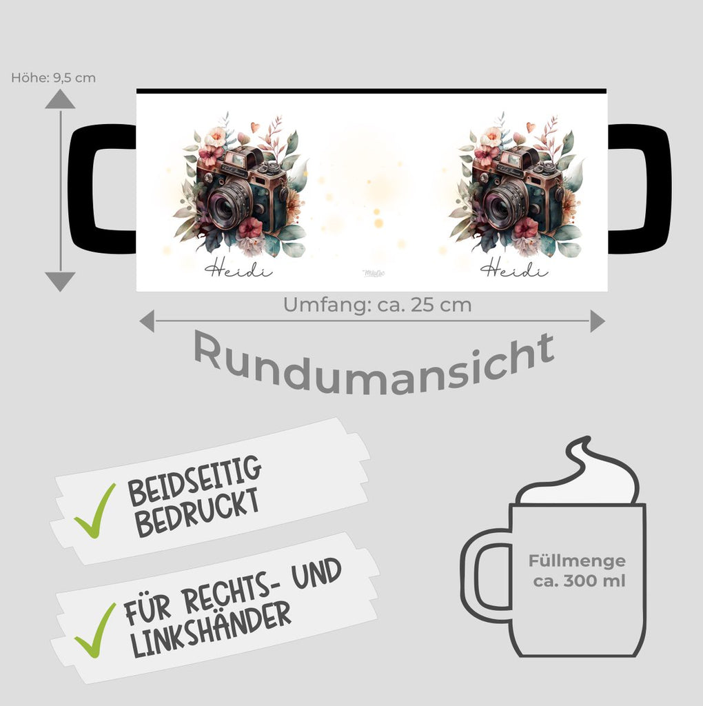 Keramik Tasse Kamera mit Blumen mit Wunschname - von Mikalino