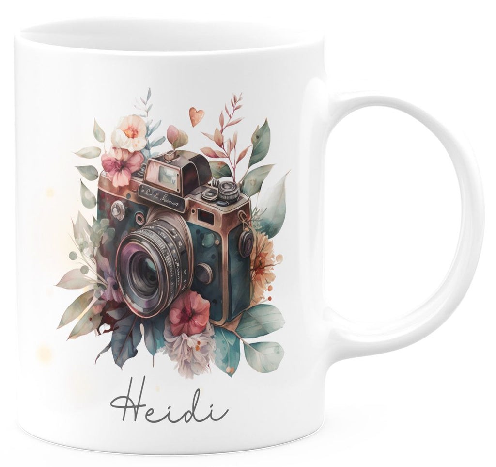 Keramik Tasse Kamera mit Blumen mit Wunschname - von Mikalino