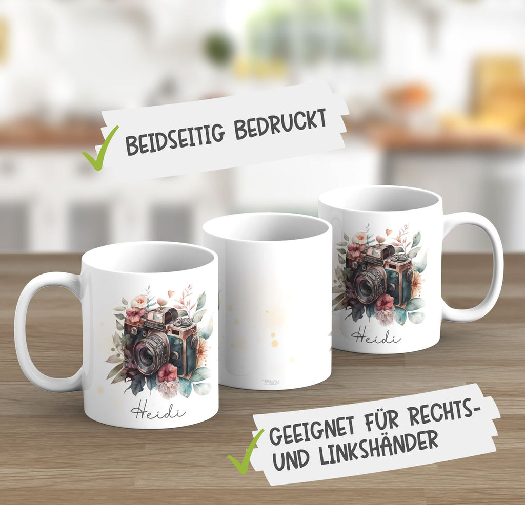 Keramik Tasse Kamera mit Blumen mit Wunschname - von Mikalino