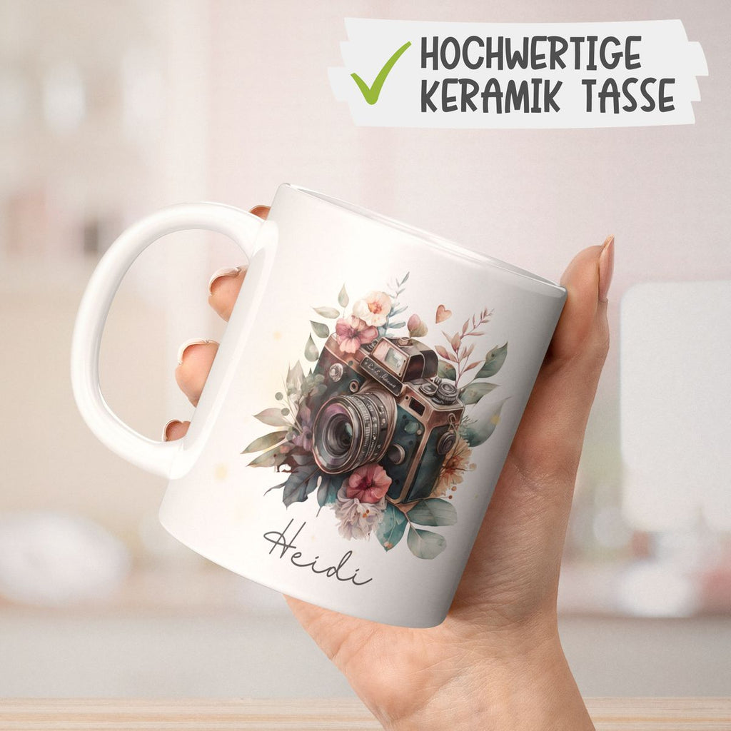 Keramik Tasse Kamera mit Blumen mit Wunschname - von Mikalino