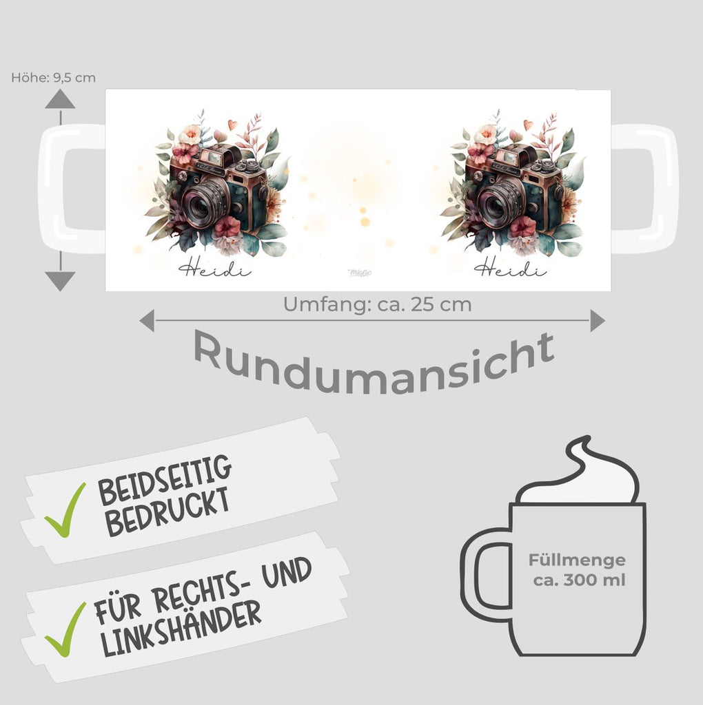 Keramik Tasse Kamera mit Blumen mit Wunschname - von Mikalino