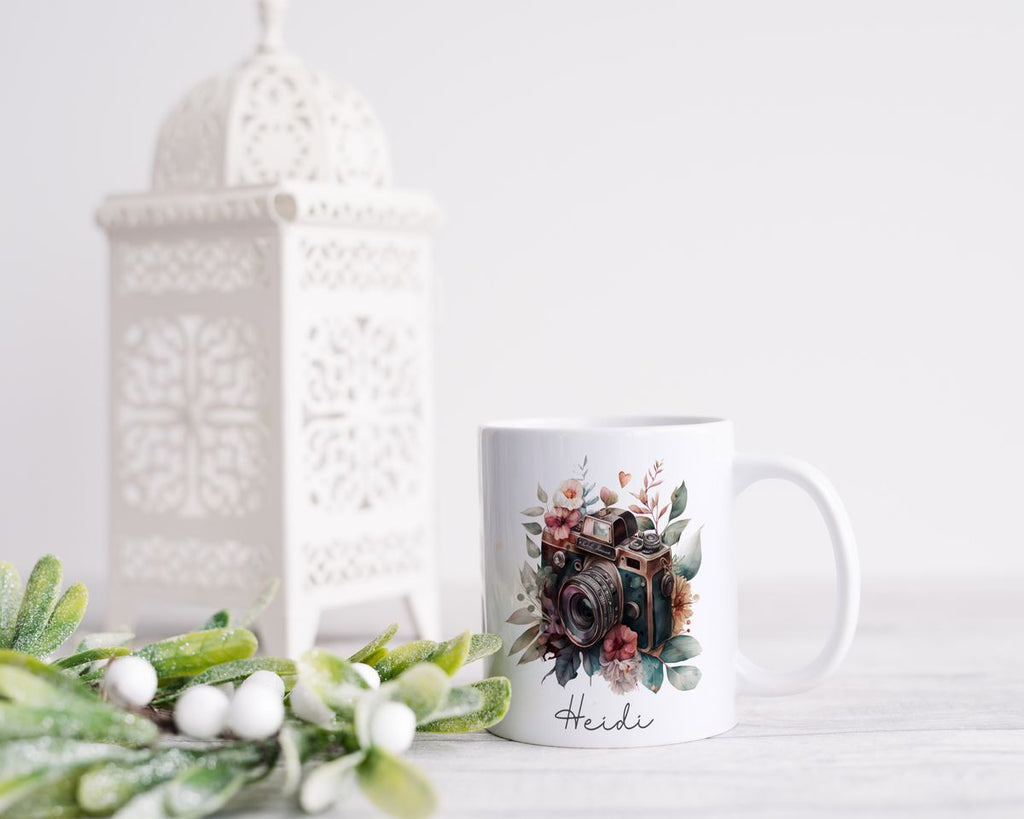 Keramik Tasse Kamera mit Blumen mit Wunschname - von Mikalino