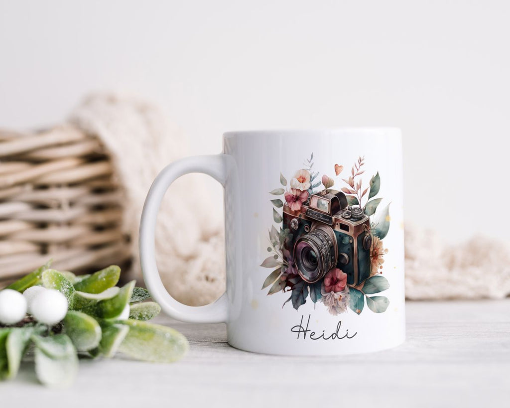 Keramik Tasse Kamera mit Blumen mit Wunschname - von Mikalino