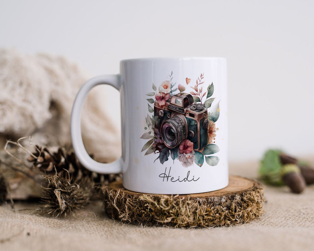 Keramik Tasse Kamera mit Blumen mit Wunschname - von Mikalino