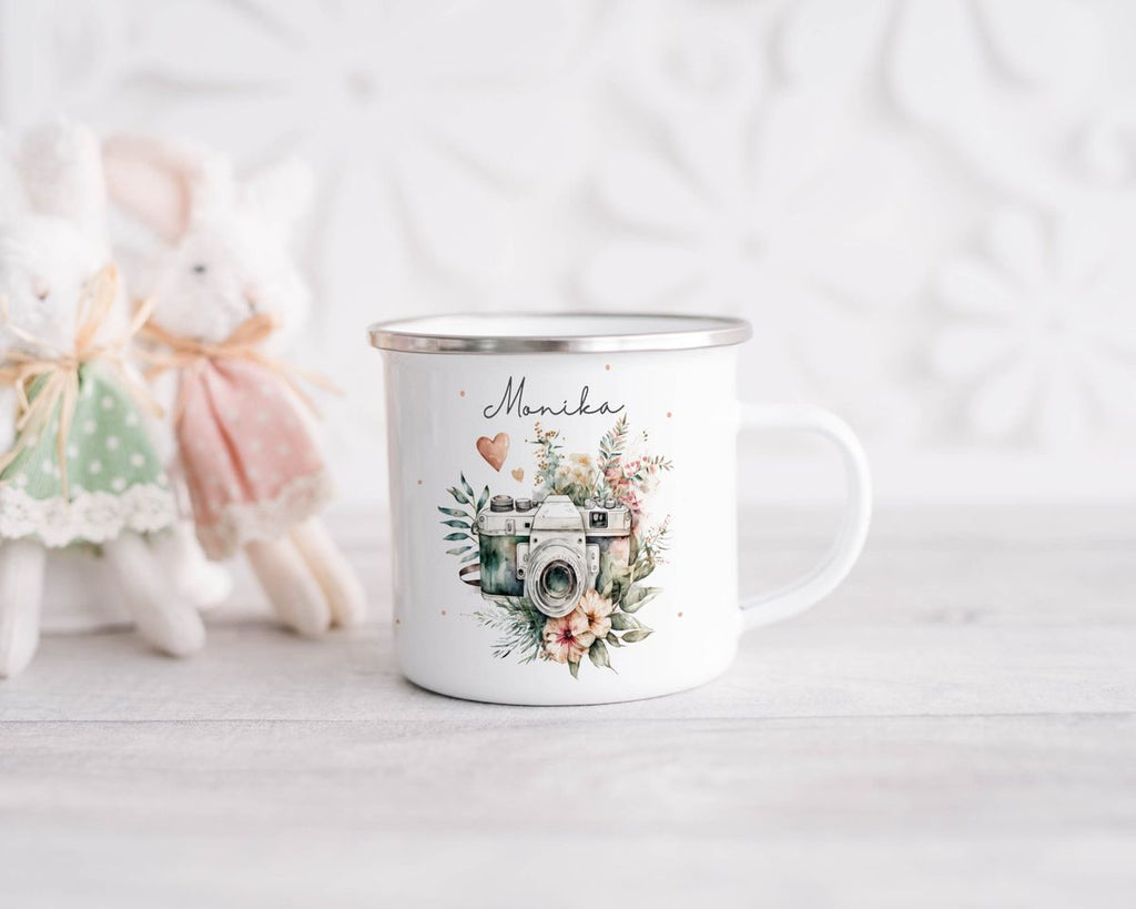 Emaille Tasse Kamera mit Blumen mit Wunschname - von Mikalino