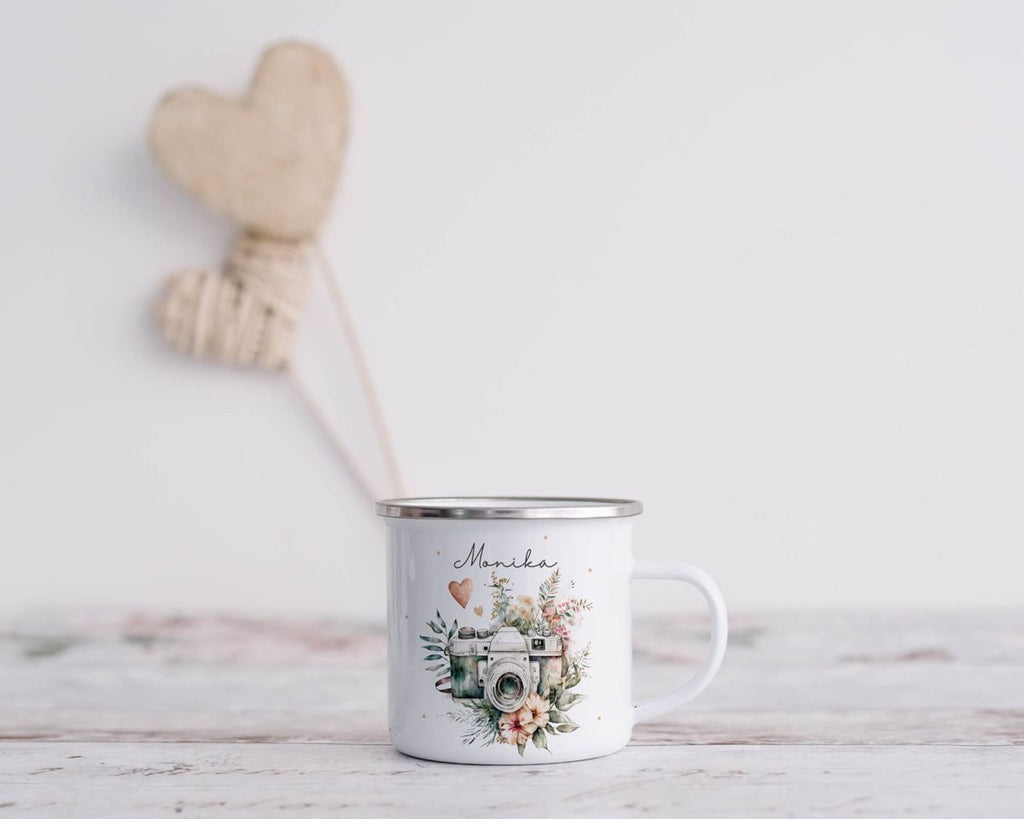 Emaille Tasse Kamera mit Blumen mit Wunschname - von Mikalino