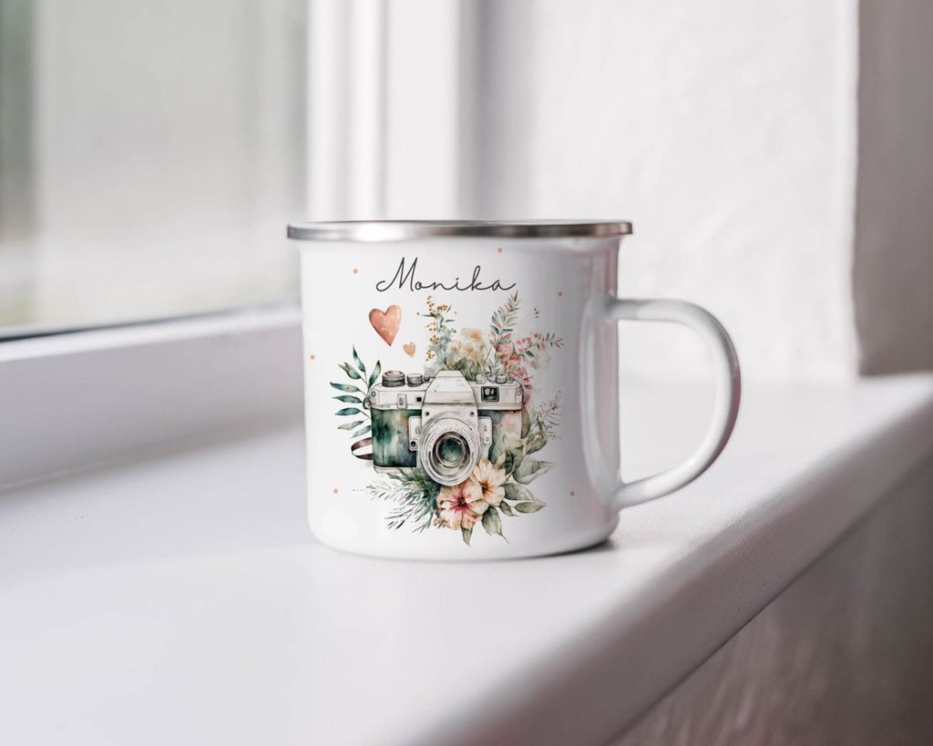 Emaille Tasse Kamera mit Blumen mit Wunschname - von Mikalino