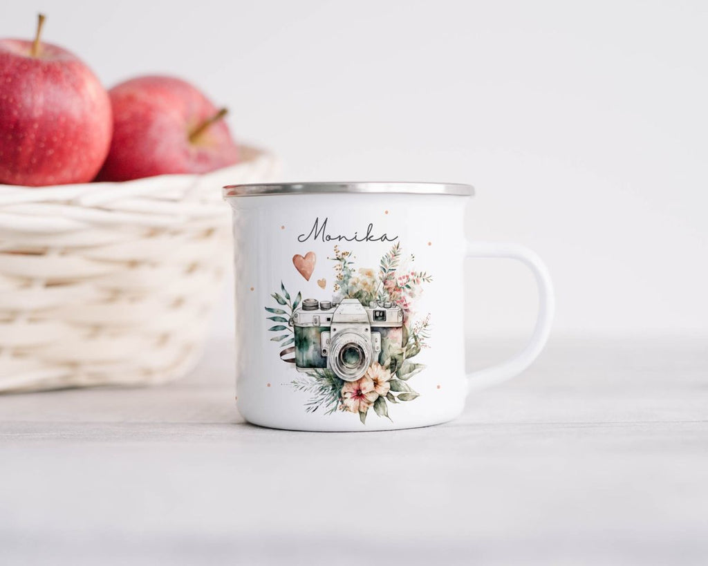 Emaille Tasse Kamera mit Blumen mit Wunschname - von Mikalino